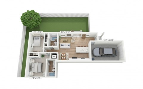 Floor plan for 2 beds, 2 baths, 917 sqft